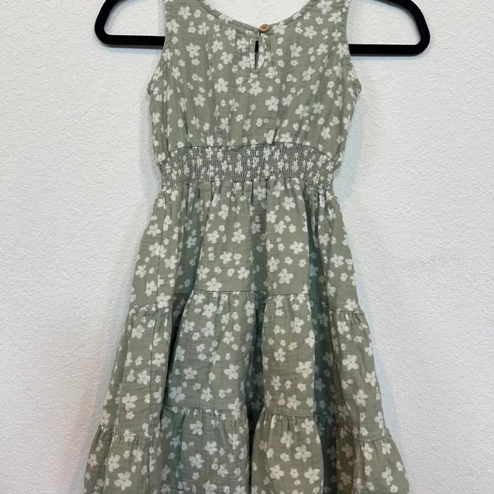 Bearpaw Girls Cotton Soft Summer Floral Green Dress Sz 7 8